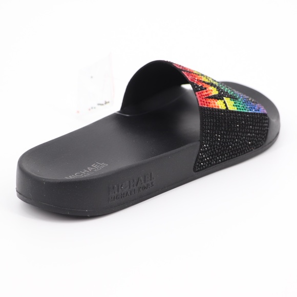 New Michael Kors 7 Gilmore Embellished Slide Sandals Black Multi - Picture 14 of 16